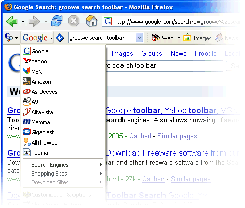 image search. Groowe Search Toolbar in browser with expanded list of search engines